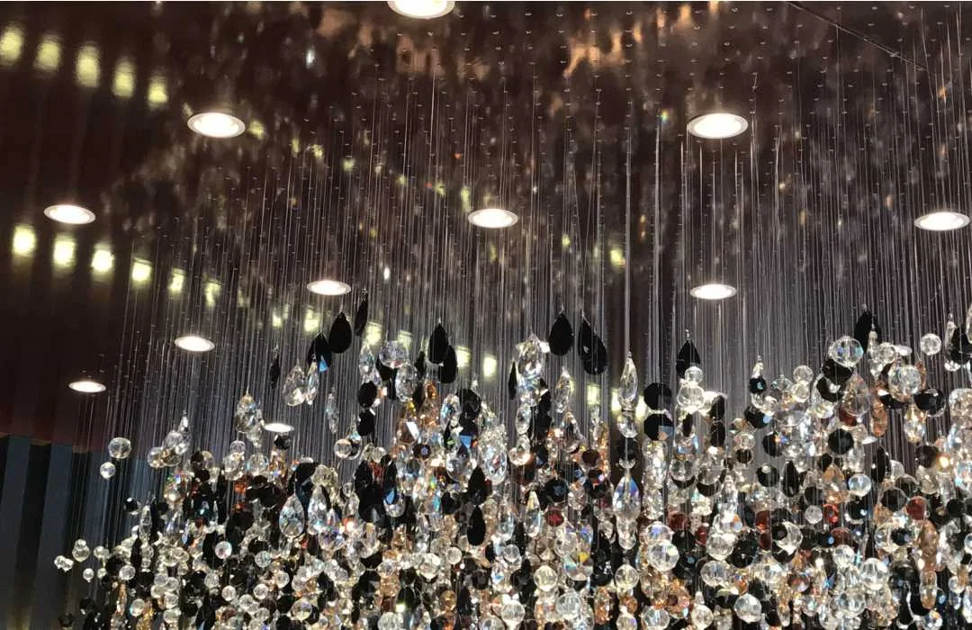 Close-up of suspended faceted elements in a Cordis Hotel Shanghai lighting installation