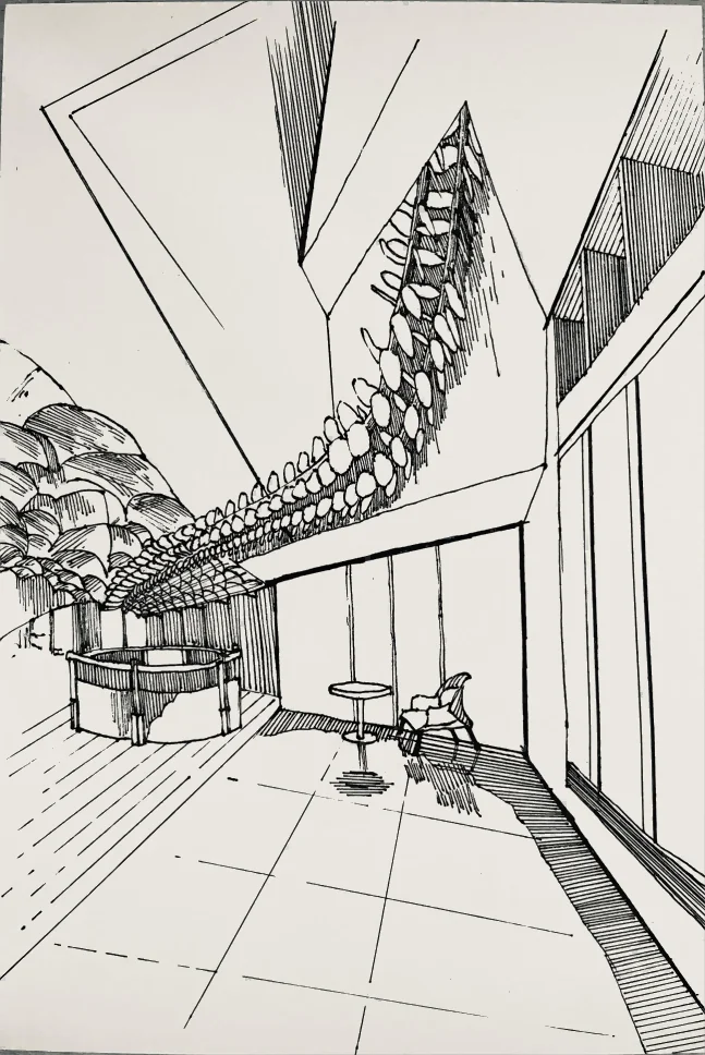 Our custom-lighting team concept sketch of a suspended lighting installation within an interior