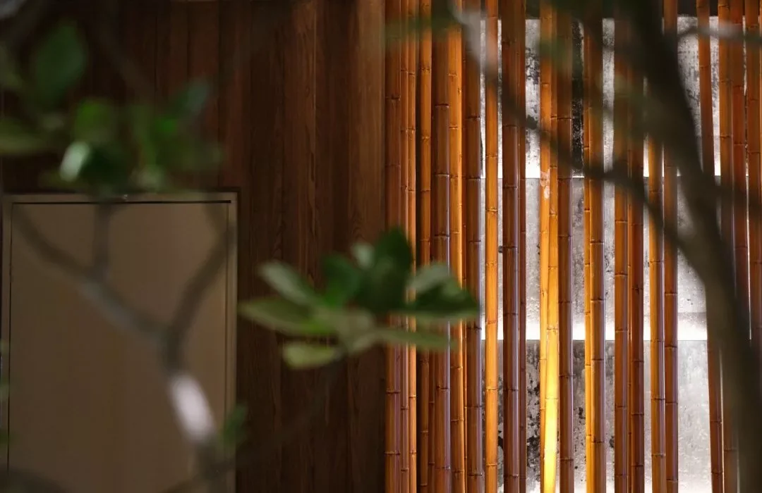 Warm light and bamboo wall detail in the RUXU Sugar House interior