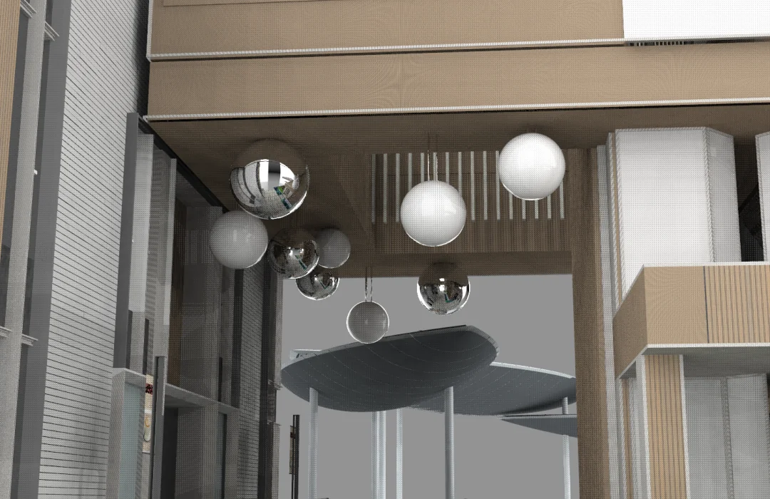 Design rendering of suspended spherical lights within the Vanke UniCity entrance