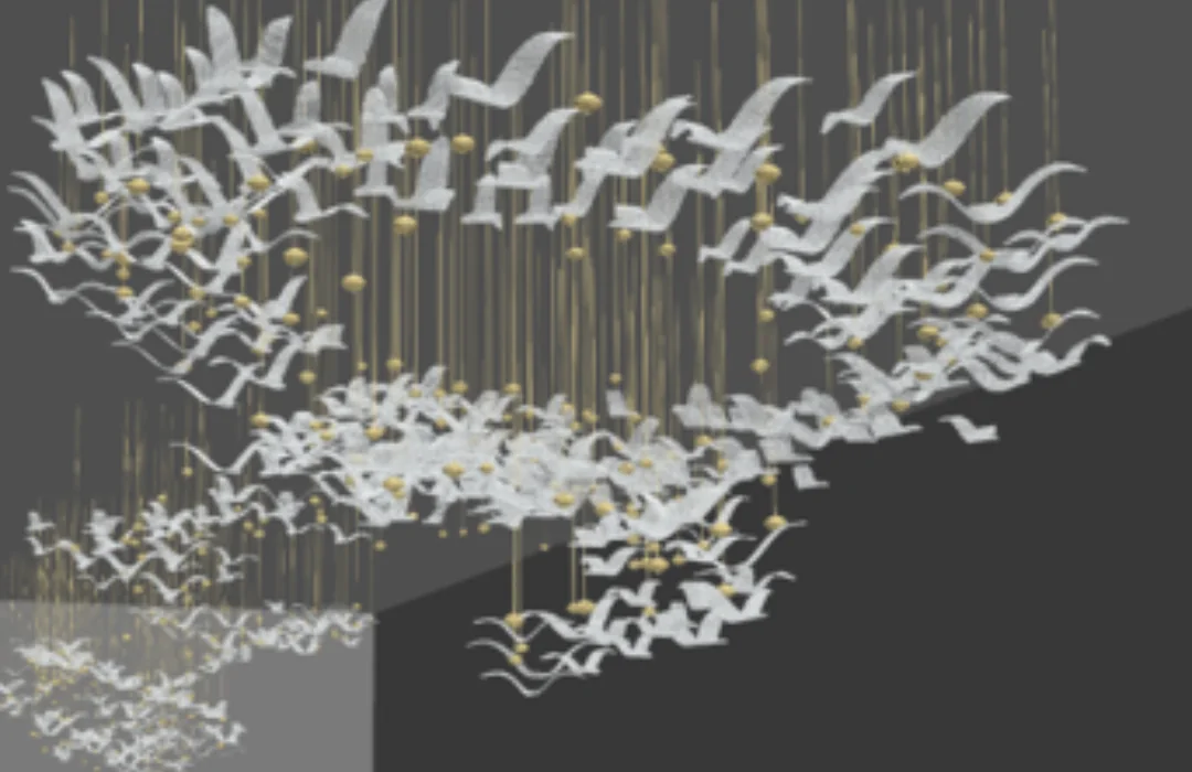 Repeated crystal-bird forms in the Shenyang lighting installation