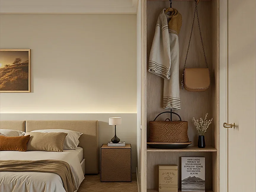 Open wardrobe shelves, hanging space and drawers