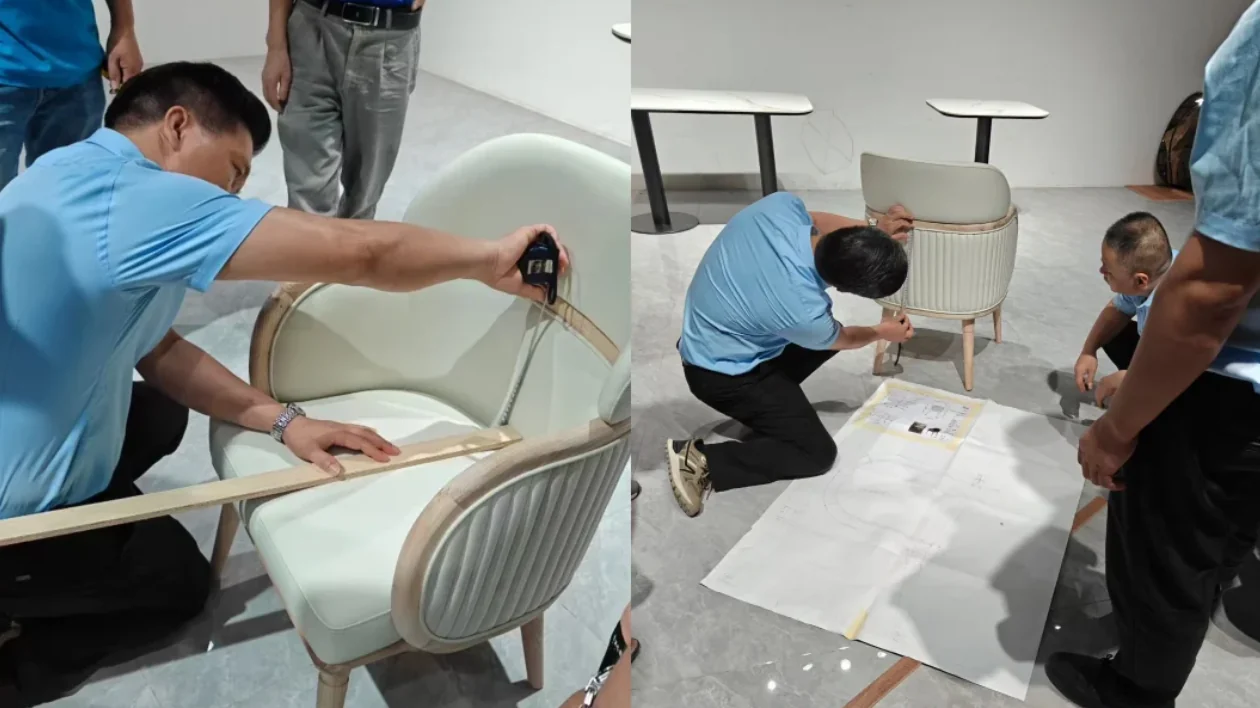 Measuring an upholstered chair against a reference drawing
